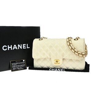 CHANEL CC Matelasse 25 Double Flap Chain Shoulder Bag Leather White GHW 359RP096